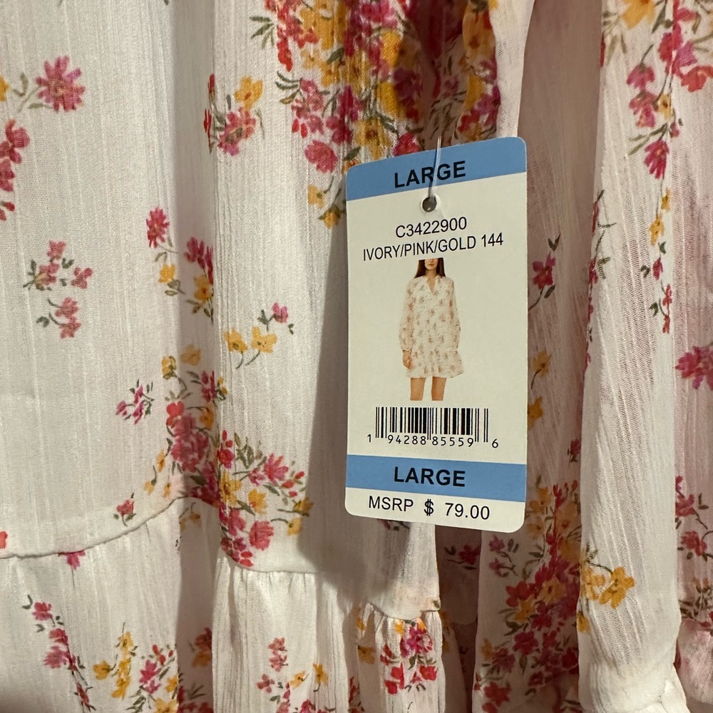 Vince Camuto Ivory/Pink/Gold Floral Lightweight Dress Women's LARGE - Picture 6 of 8